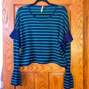 LOVE by DESIGN sweater M Blue with Green stripes soft blend ruffles Excellent